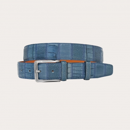 Cinturón de cuero azul vaquero con trabajo de patchwork