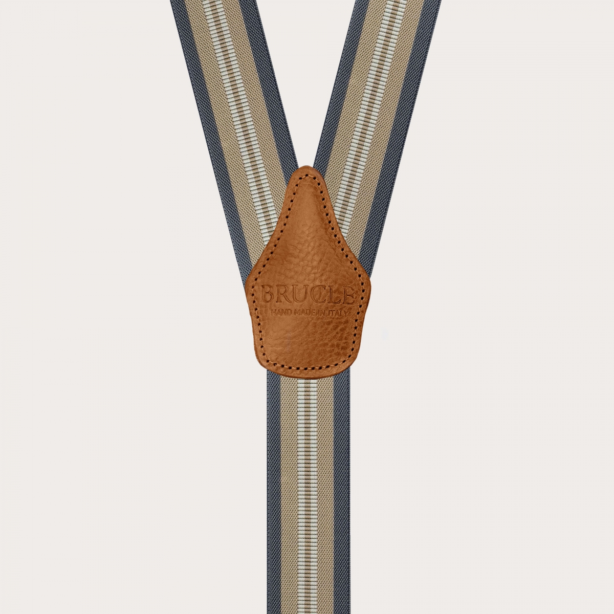 Suspenders with beige and blue stripes for buttons or clips