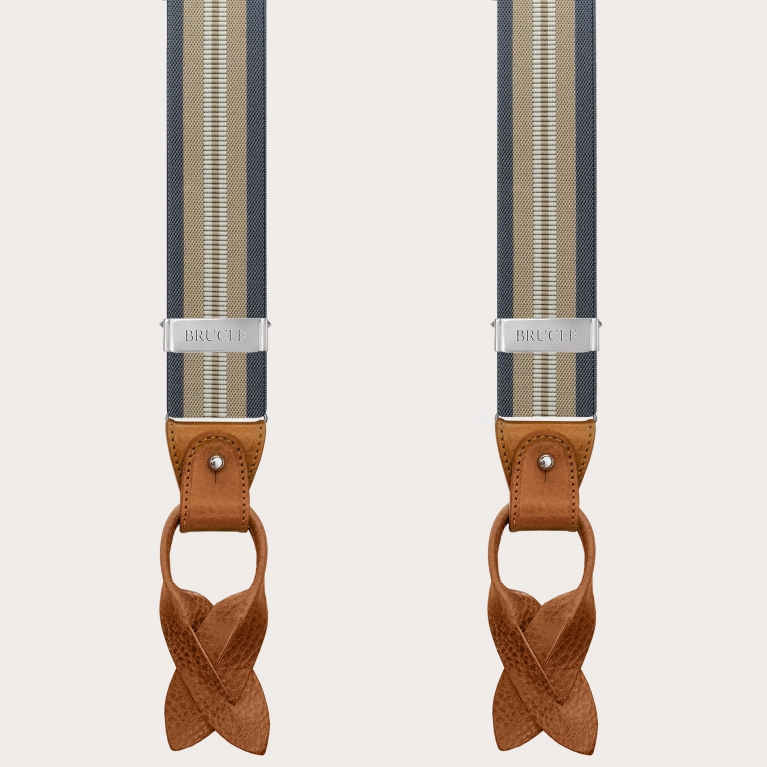 Hosenträger mit beige-blauen Streifen für Knöpfe oder Clips