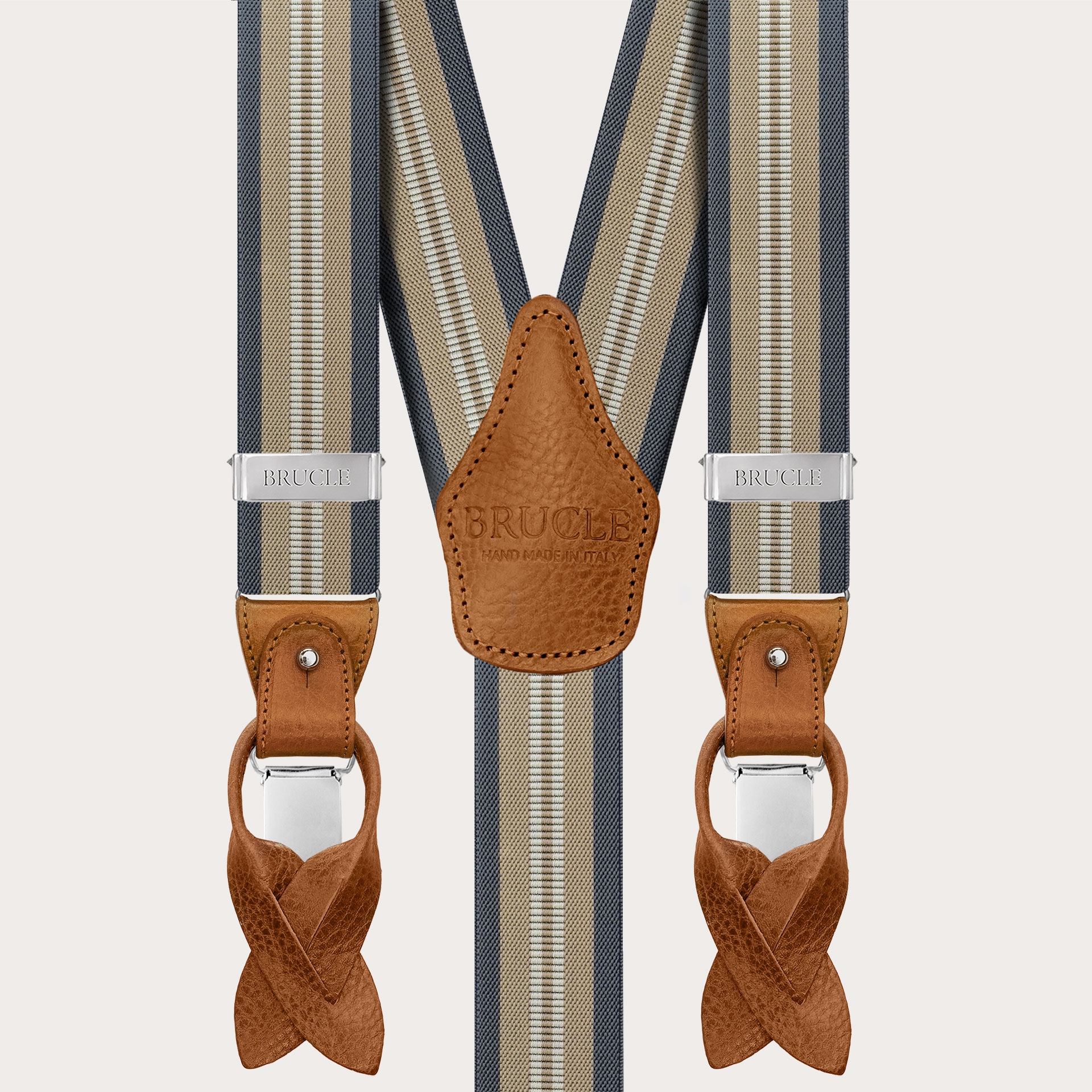 Suspenders with beige and blue stripes for buttons or clips