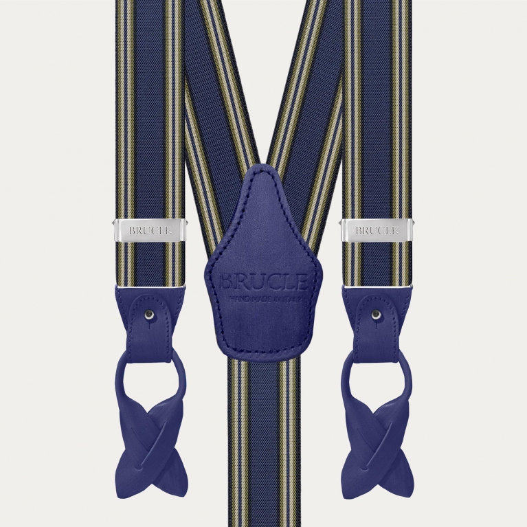 Men's blue striped suspenders with hand-colored leather