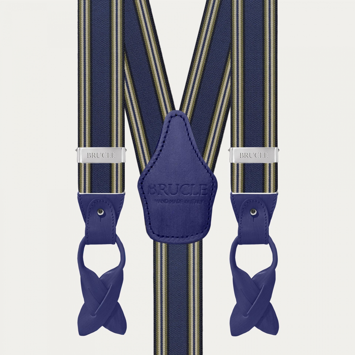 Men's blue striped suspenders with hand-colored leather