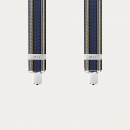 Blue striped suspenders with hand-colored leather and clips