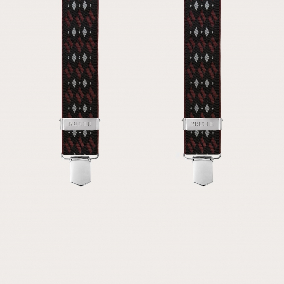 Wide X-shaped suspenders with black and burgundy diamond pattern