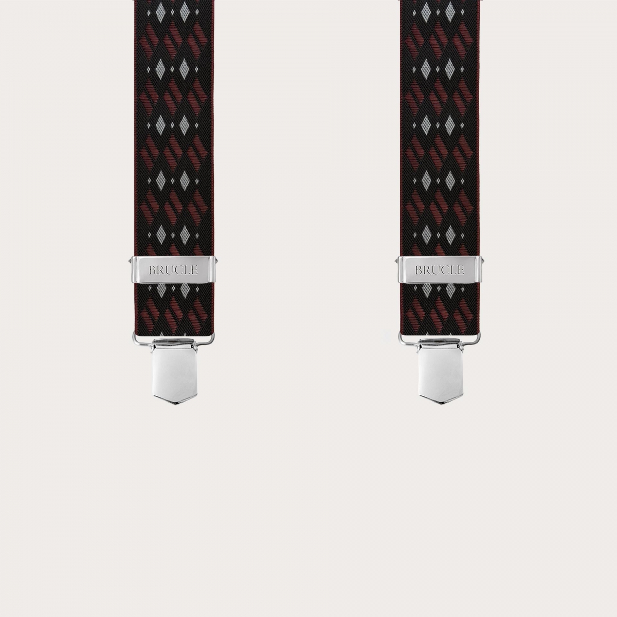 Wide X-shaped suspenders with black and burgundy diamond pattern