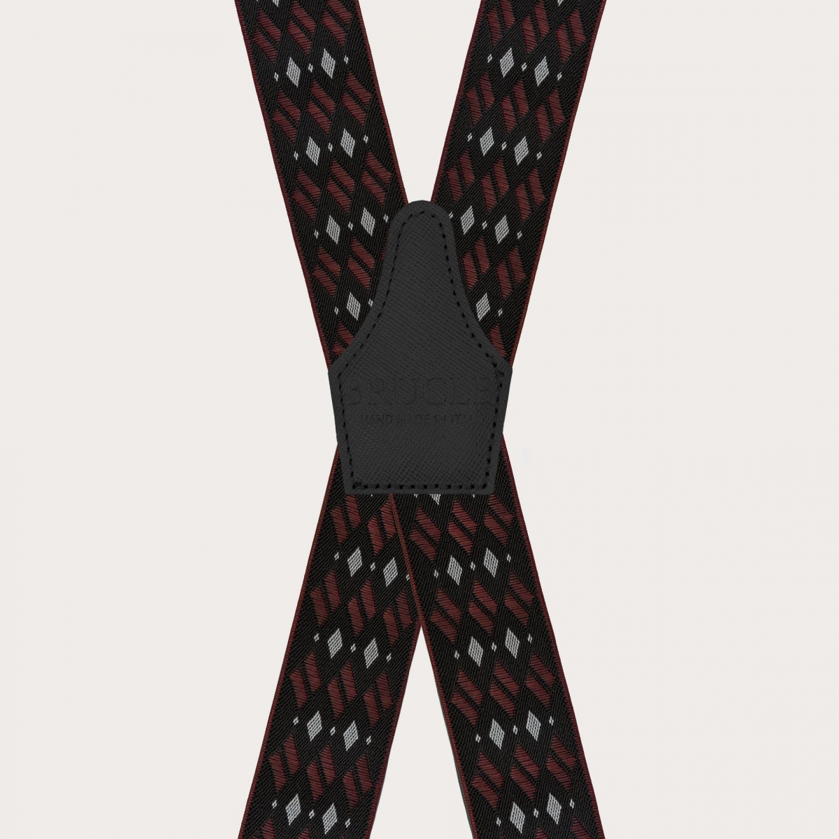 Wide X-shaped suspenders with black and burgundy diamond pattern
