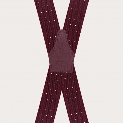 Wide burgundy polka dot X-back suspenders