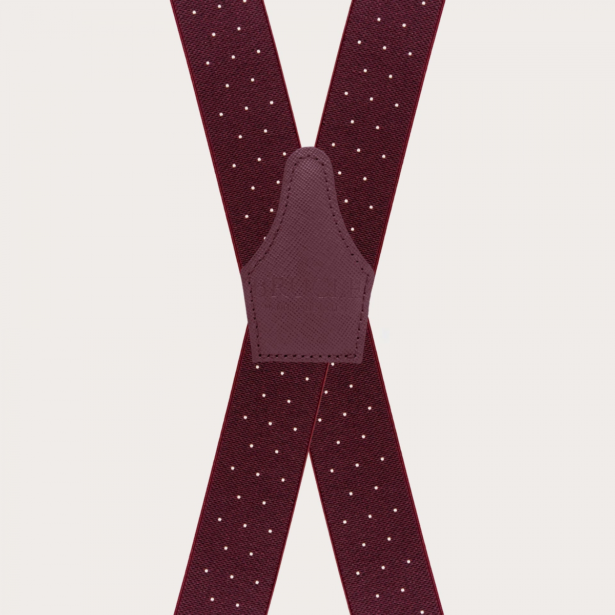Wide burgundy polka dot X-back suspenders