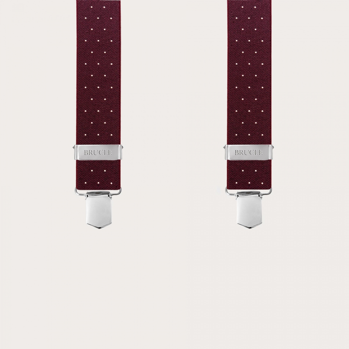 Wide burgundy polka dot X-back suspenders