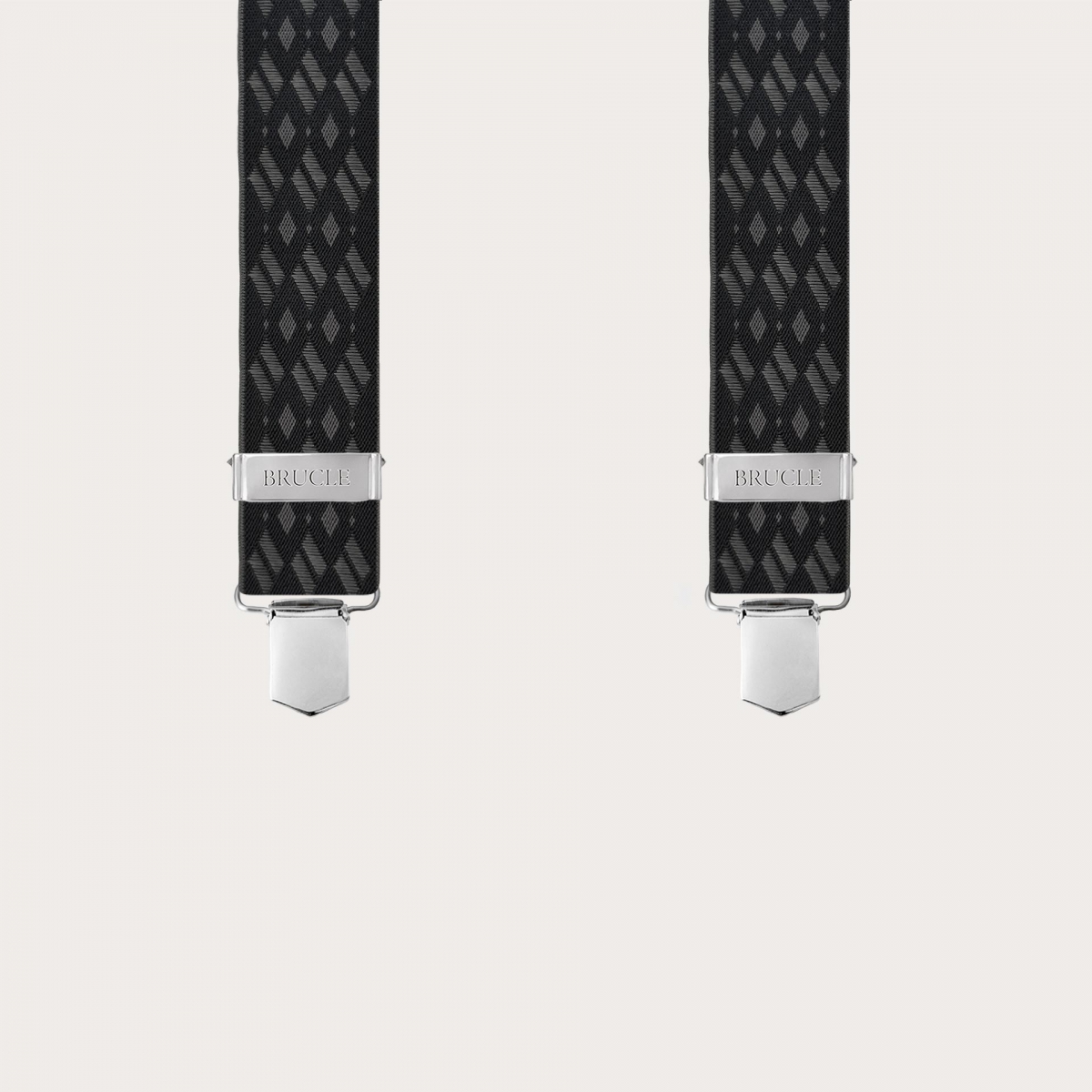 Tirantes anchos en forma de X con diseño de rombos negros y grises