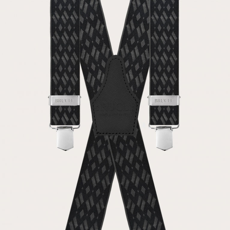 Bretelle larghe a X fantasia rombi nero e grigi