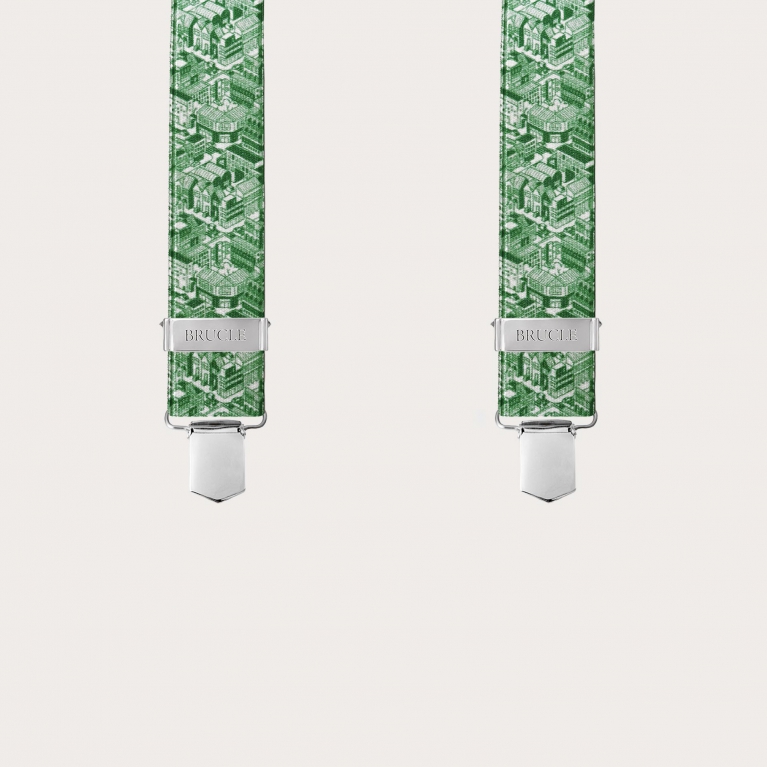 Glänzende grüne X-Rücken-Hosenträger mit Wolkenkratzer-Muster