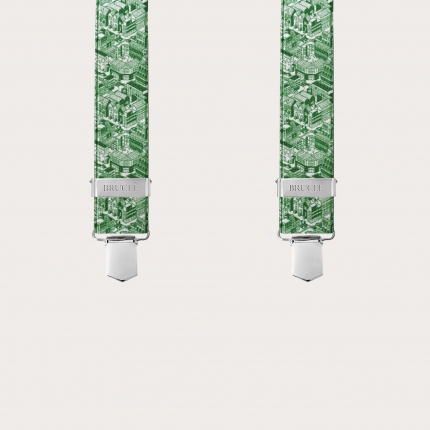 Glossy green X-back suspenders with skyscraper pattern