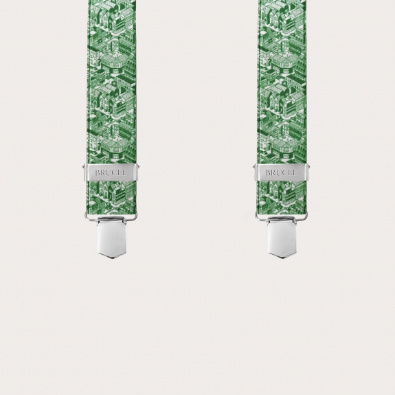 Glossy green X-back suspenders with skyscraper pattern