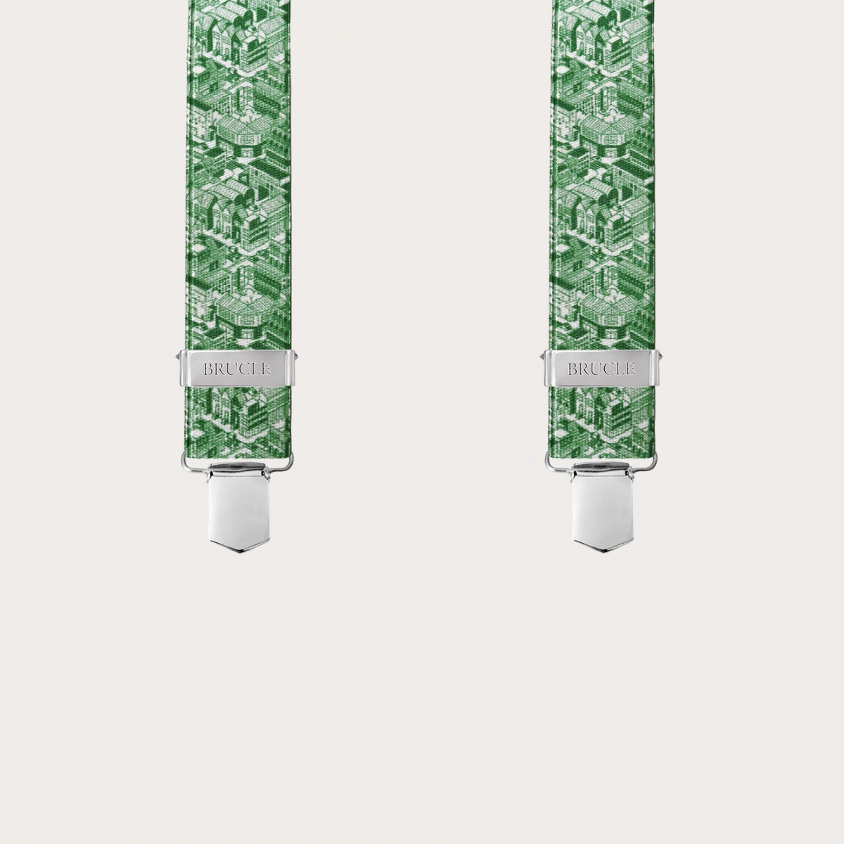 Glossy green X-back suspenders with skyscraper pattern