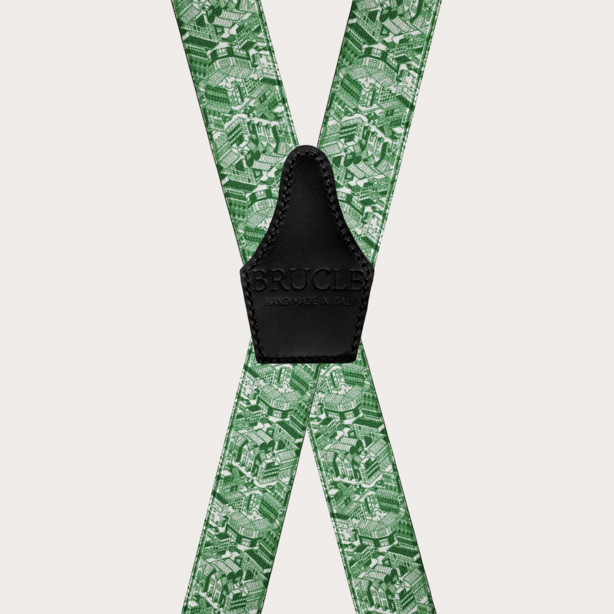 Glossy green X-back suspenders with skyscraper pattern