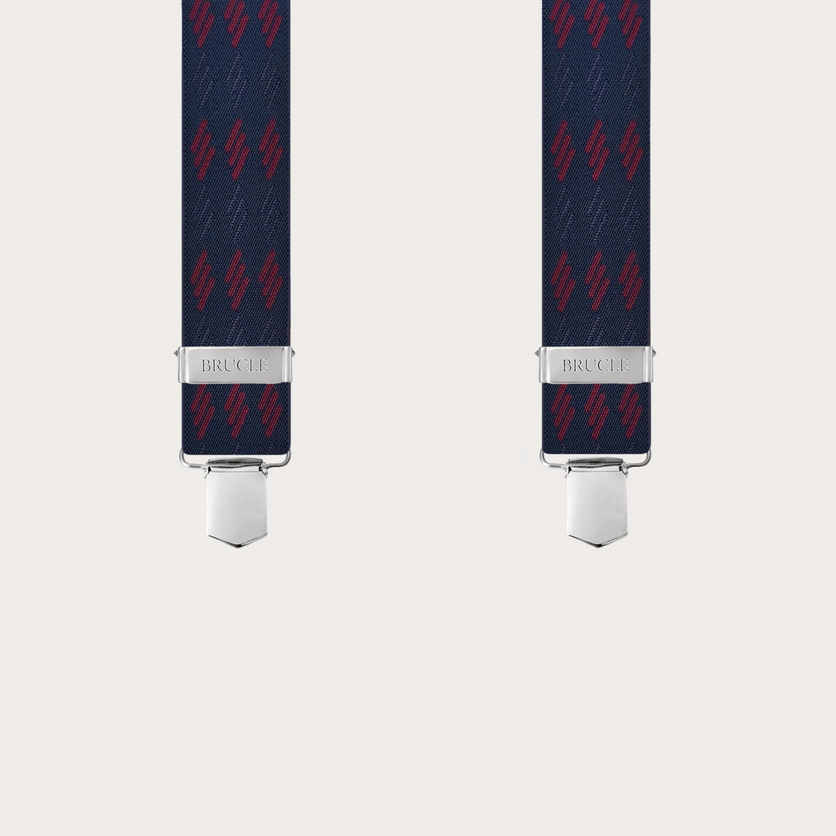 Wide X-shaped blue suspenders with burgundy stripes and clip attachment