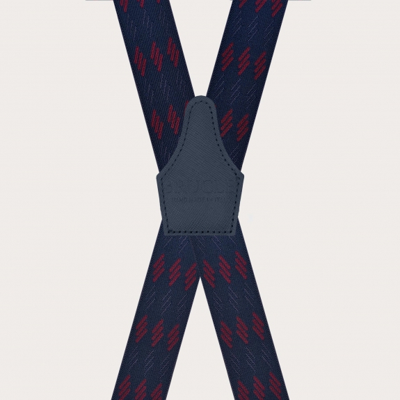 Bretelle larghe a X blu con righe bordeaux attacco a clip