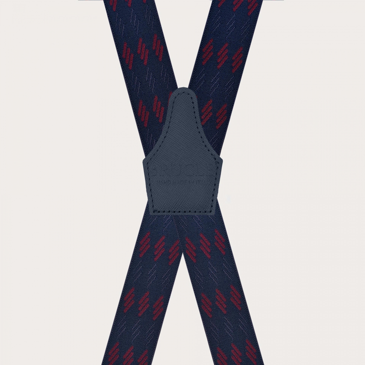 Wide X-shaped blue suspenders with burgundy stripes and clip attachment