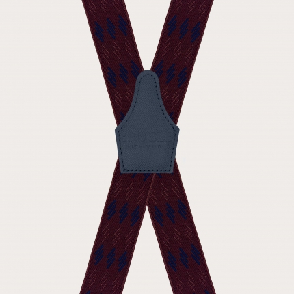 Wide unisex burgundy suspenders with blue stripes, clip attachment only