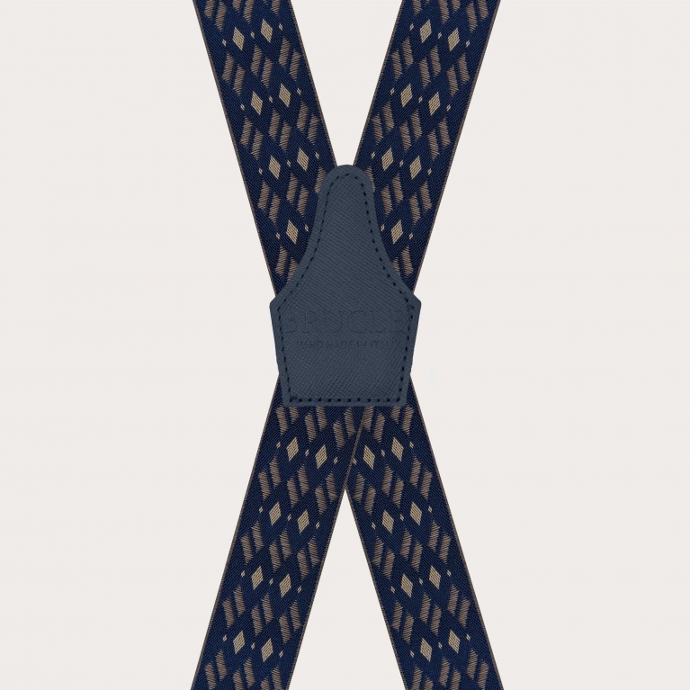 Tirantes anchos en forma de X con sujeción solo con clip, en azul y beige con un patrón de rombos