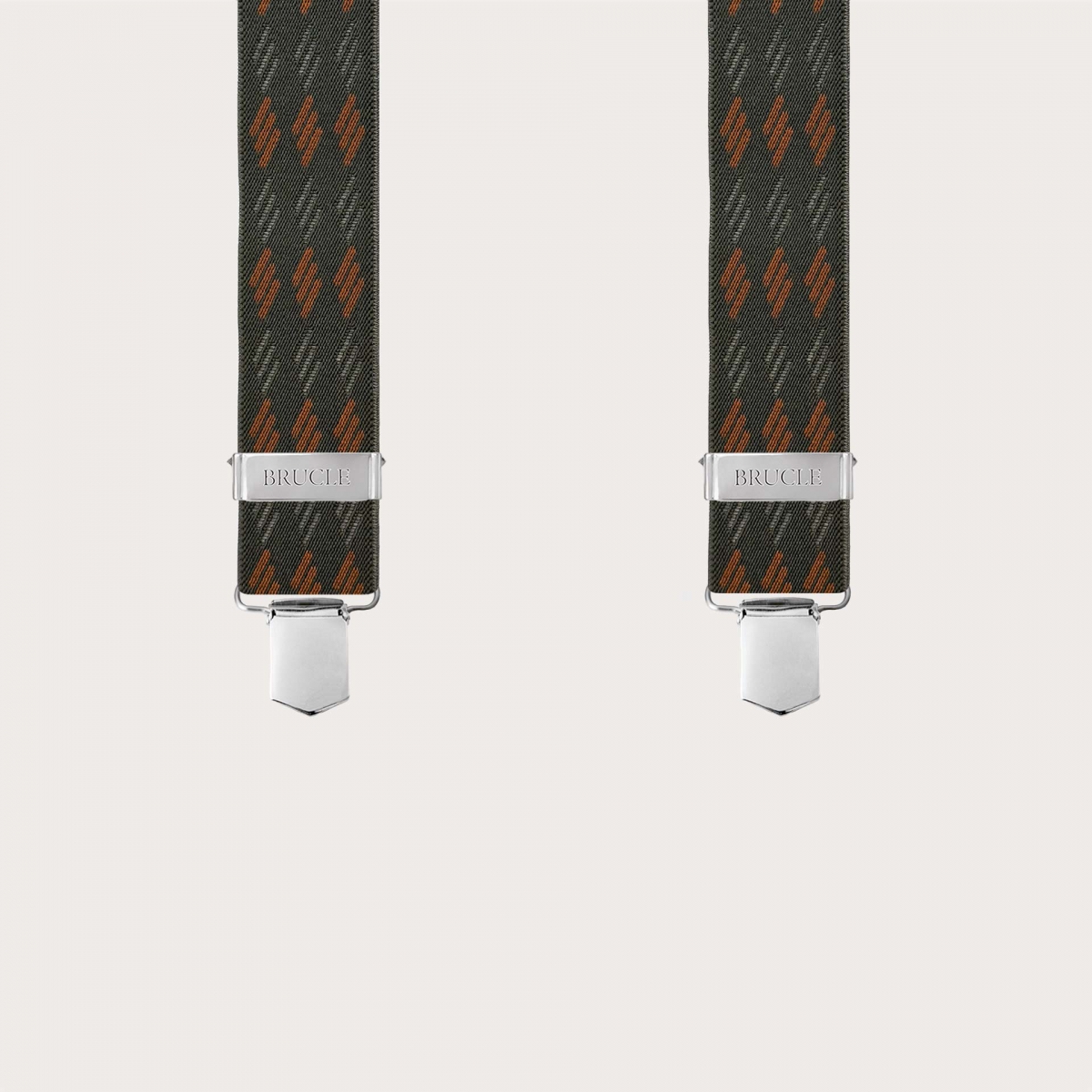 X-shaped suspenders with green and orange stripes