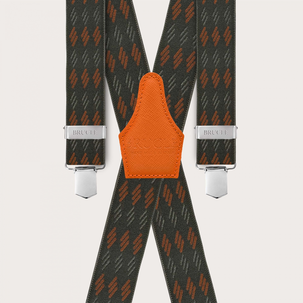 X-shaped suspenders with green and orange stripes