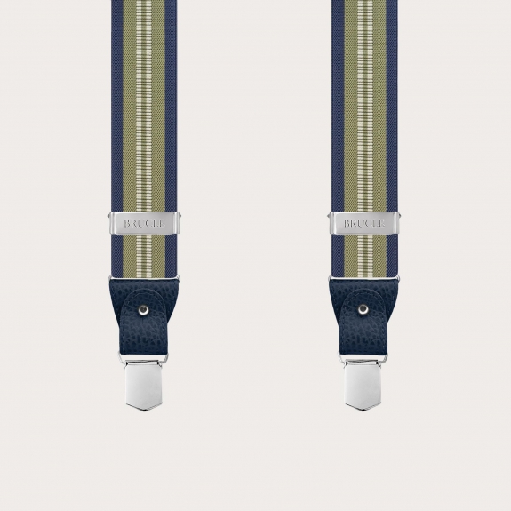 Vertical green and blue striped suspenders for buttons or clips