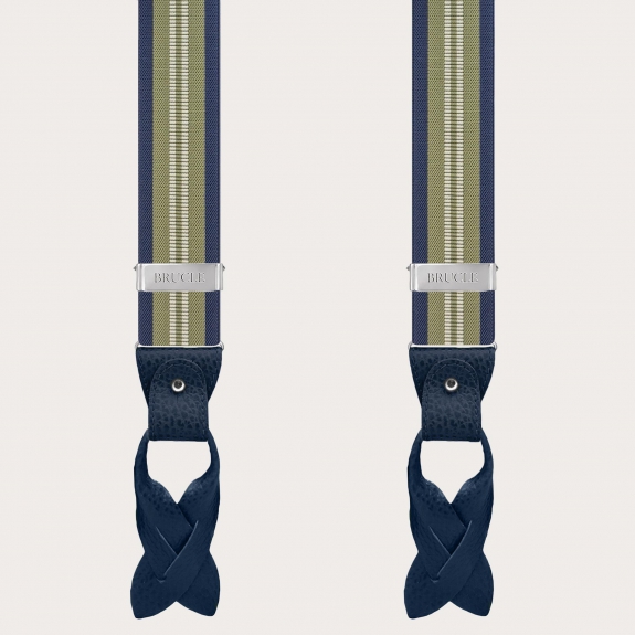 Vertical green and blue striped suspenders for buttons or clips