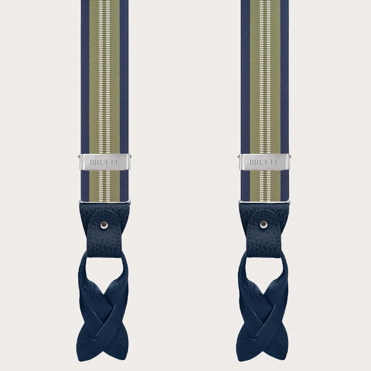 Vertical green and blue striped suspenders for buttons or clips