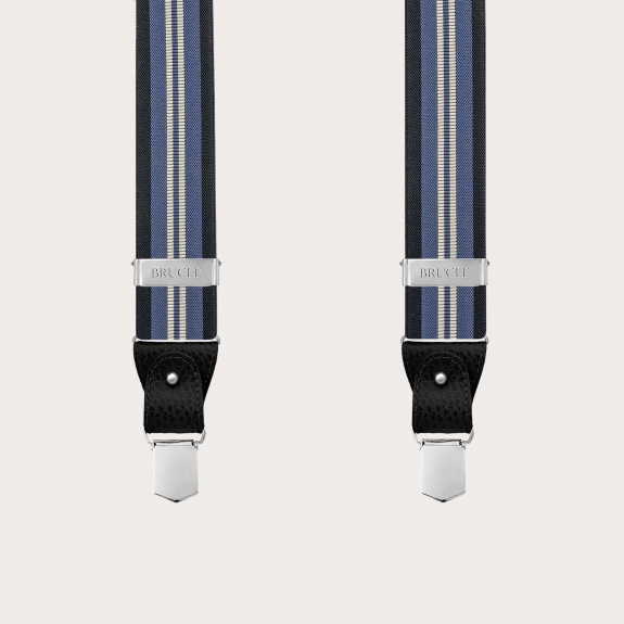 Blue regimental suspenders with vertical stripes for buttons or clips