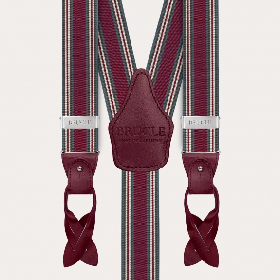 Burgundy striped men's suspenders with hand-colored leather