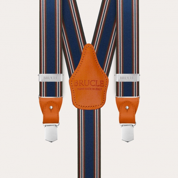 Herrenhosenträger in blau und orange gestreift mit handgefärbtem Leder und nickelfreien Clips