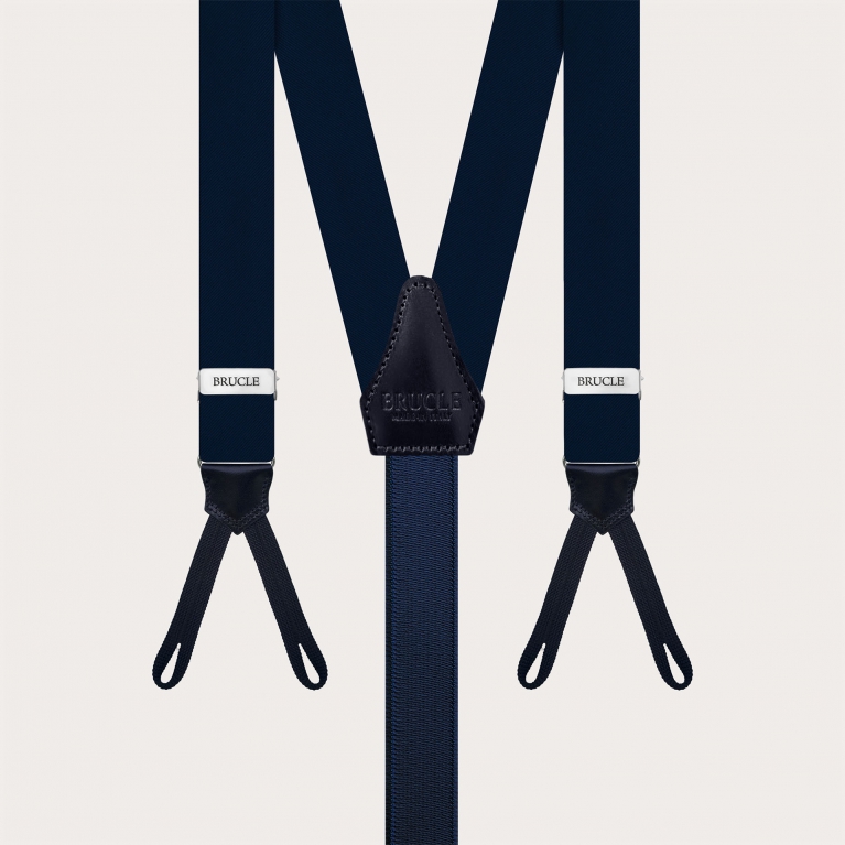 Bretelle strette in raso di seta blu navy con asole per bottoni