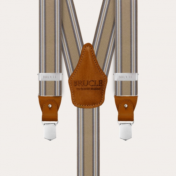 Beige striped suspenders for clips or buttons