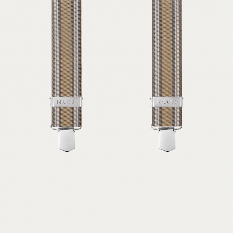 Beige striped suspenders with clips only and hand-colored leather