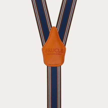 Bretelles élastiques à rayures bleues et oranges avec cuir teint à la main