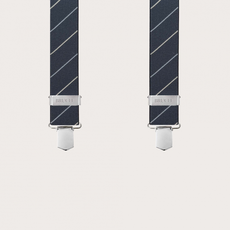 Wide black regimental suspenders with 4 braces, clip fastening