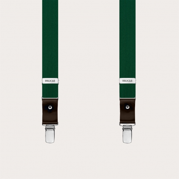 Thin green silk suspenders with dark brown leather, use with buttons or clips