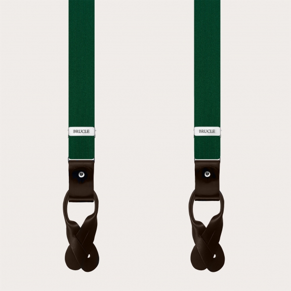 Thin green silk suspenders with dark brown leather, use with buttons or clips