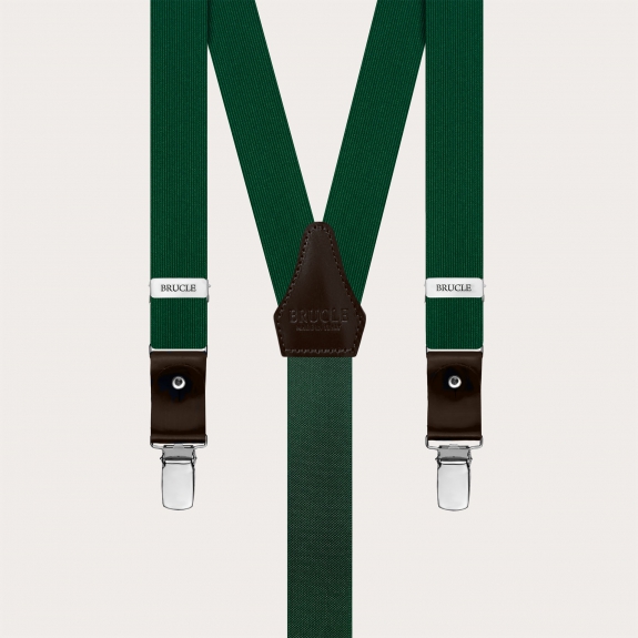 Thin green silk suspenders with dark brown leather, use with buttons or clips