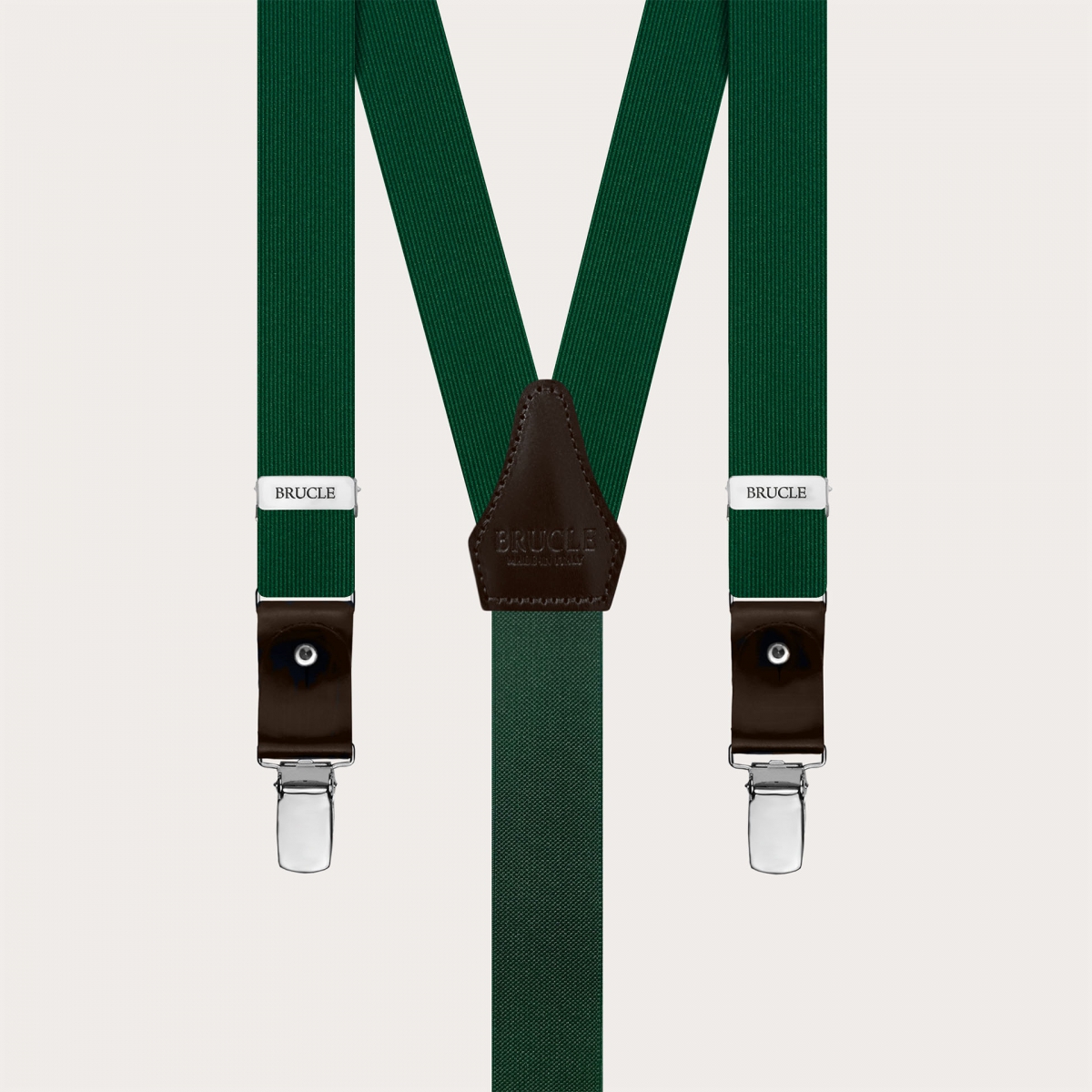 Thin green silk suspenders with dark brown leather, use with buttons or clips