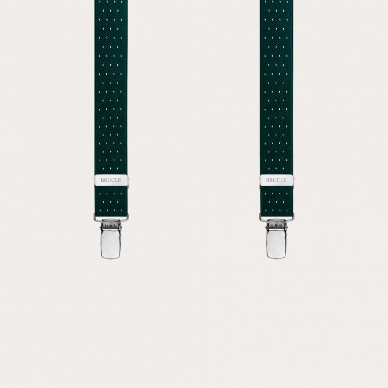 Narrow X-shaped green pin dot suspenders