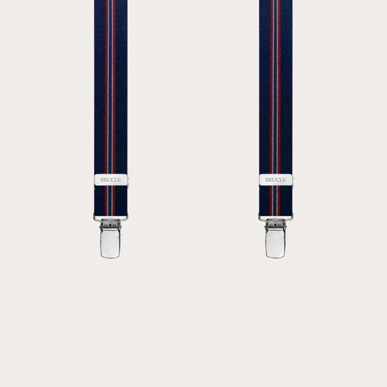 Narrow X-back regimental blue suspenders with 4 clips