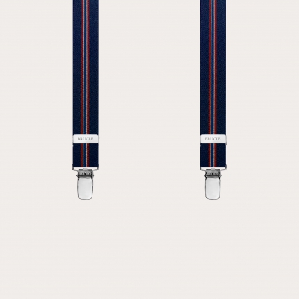 Narrow X-back regimental blue suspenders with 4 clips