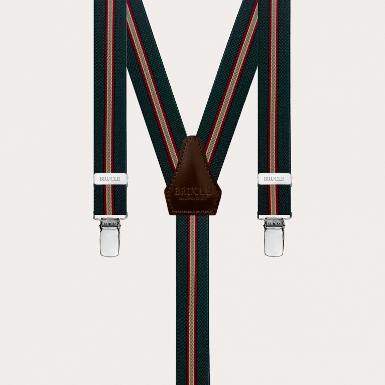 Narrow regimental green Y-back suspenders with clip-on attachment
