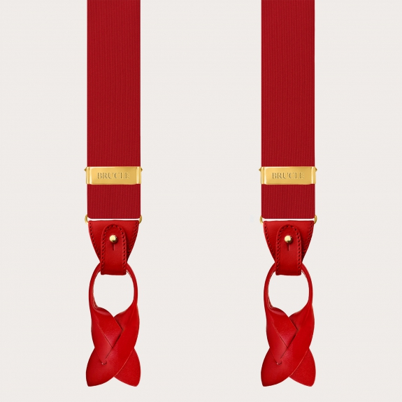 Red silk men's suspenders with dual-use gold clips