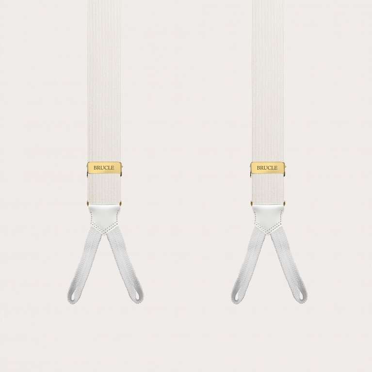 White narrow silk suspenders with buttonholes and gold adjusters