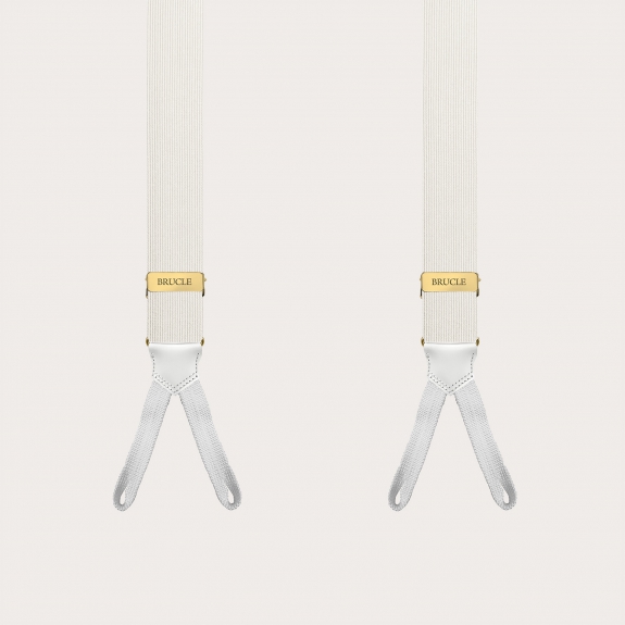 White narrow silk suspenders with buttonholes and gold adjusters
