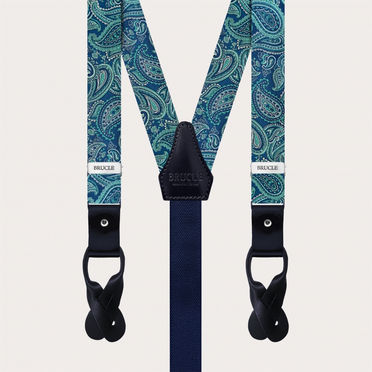 Tirantes estrechos de seda verde paisley para clips y botones